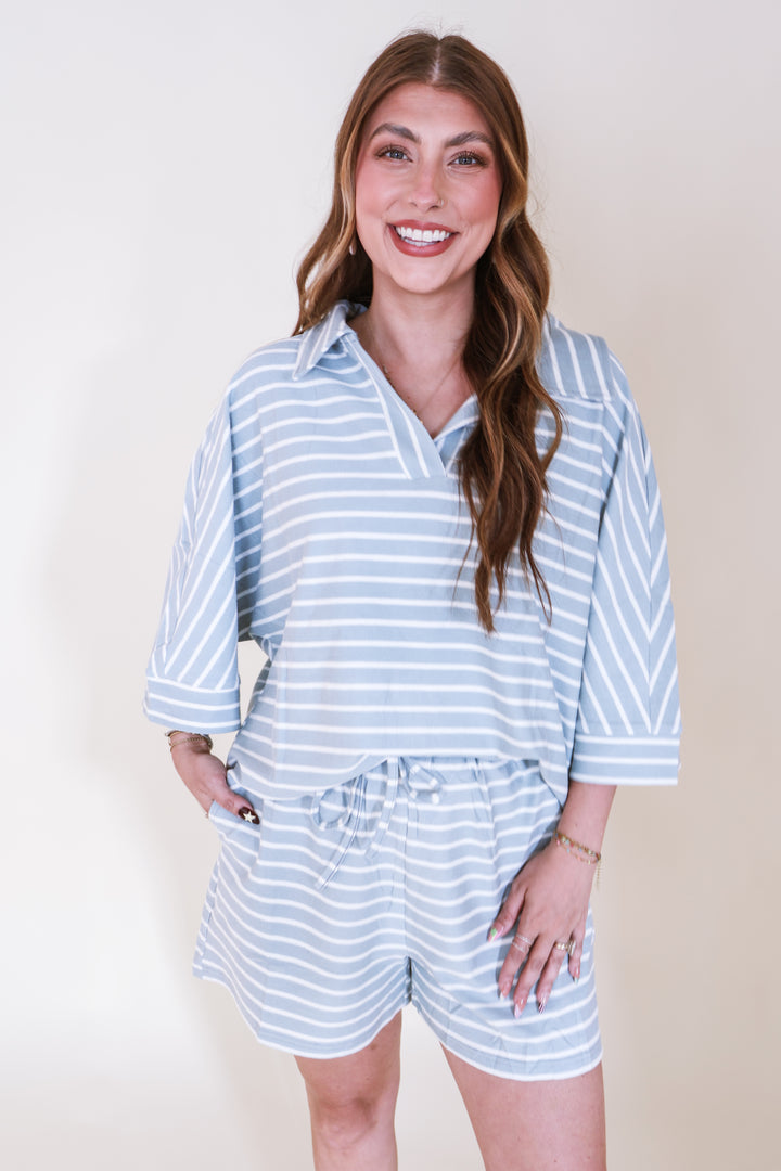 Terry Striped Two Piece Set - Dusty Blue