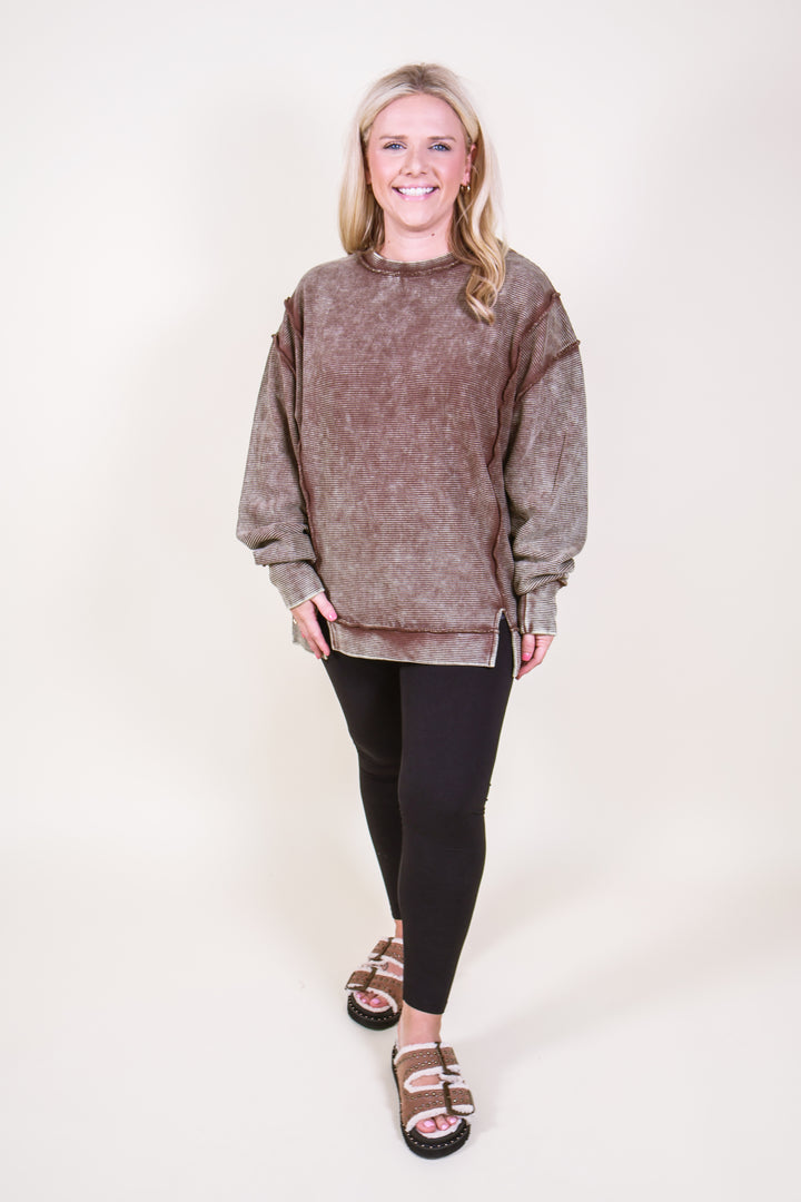 Acid Washed Double Ribbed Pullover - Brown