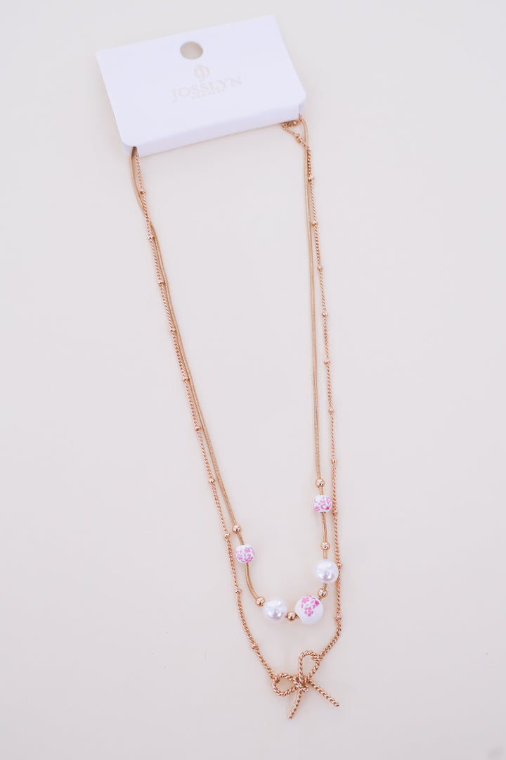 Ceramic Porcelain Pearl Bow Layer Necklace - Pink