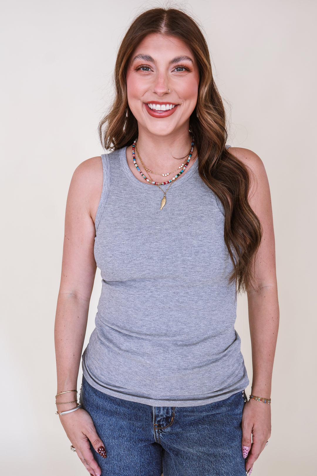 Micro Ribbed Built-in Bra Tank - Heather Grey