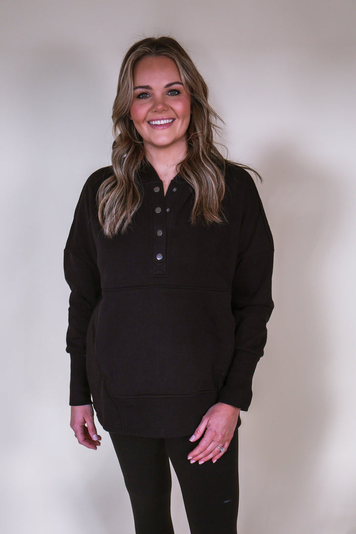 Fleece Half-Snap Button Hooded Sweatshirt - Black