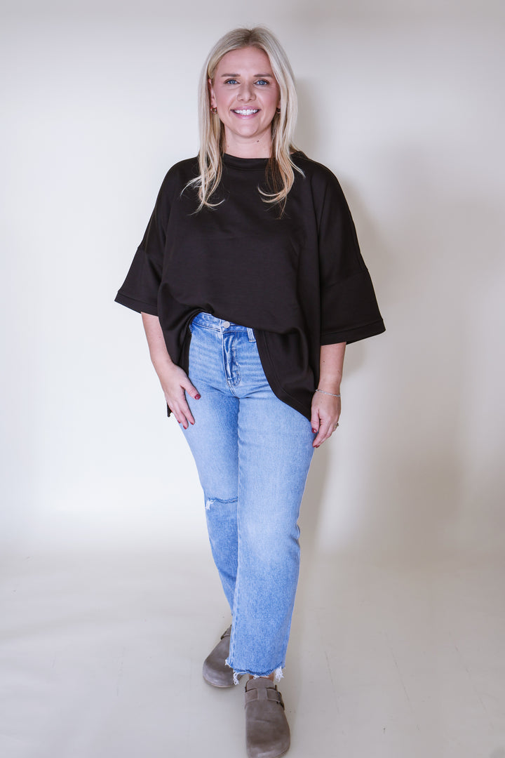 Scuba Round Neck Top with Side Slits - Black