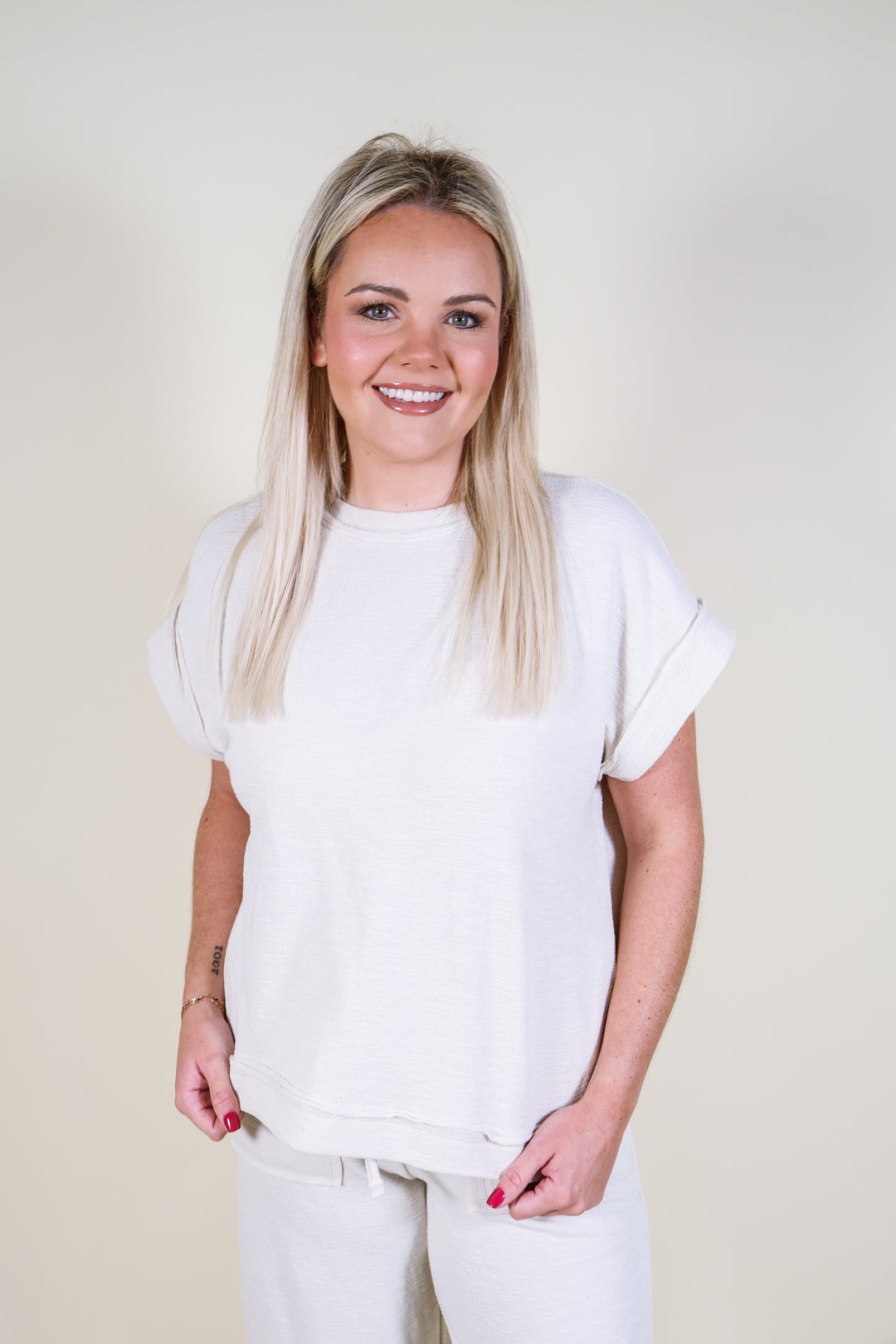 Slub Short Sleeve Tee & Pants Set - Sand Beige