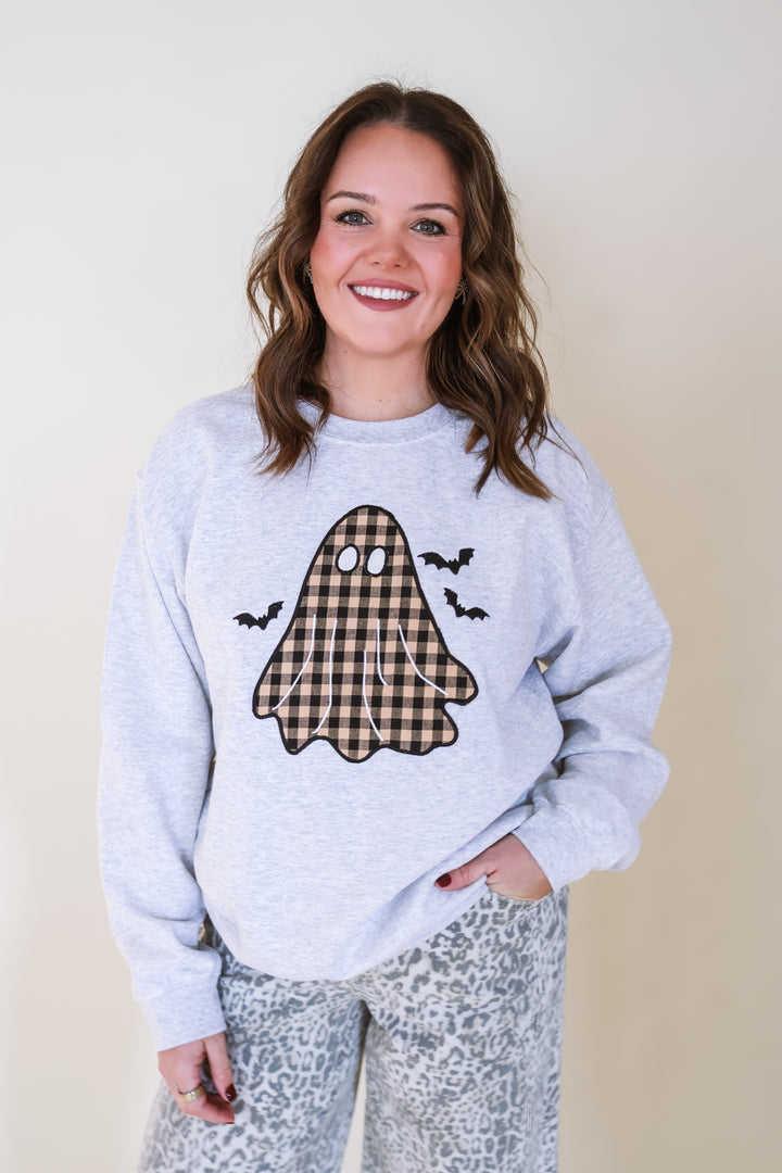 Vintage Plaid Ghost Appliqué Sweatshirt — Ash Grey