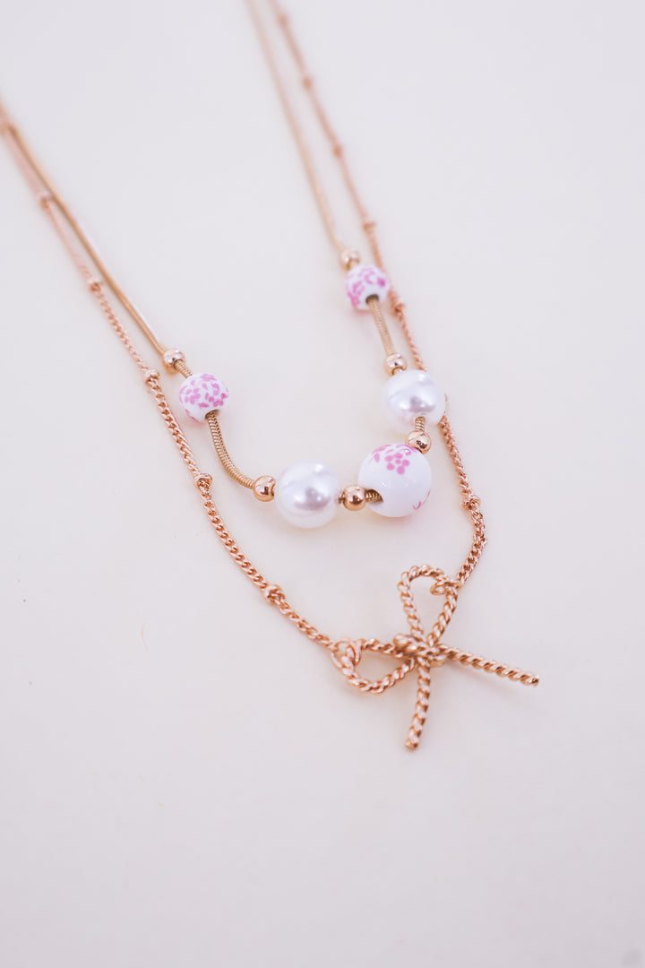 Ceramic Porcelain Pearl Bow Layer Necklace - Pink