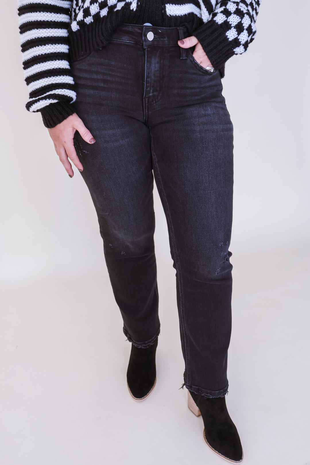Mindi Mid Rise Black Ankle Straight Jeans