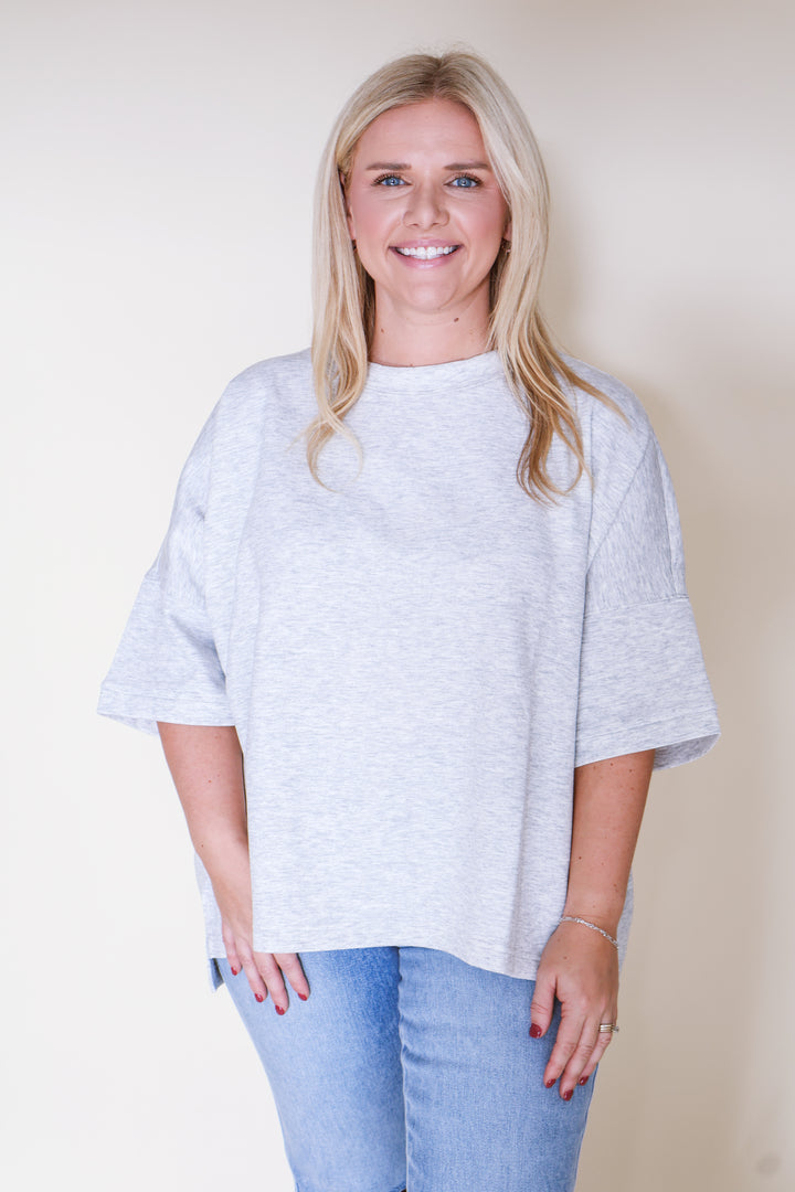 Scuba Round Neck Top with Side Slits - H Grey