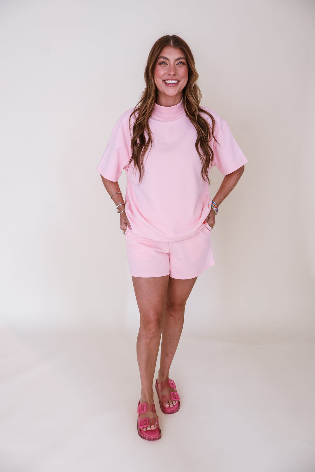 Exclusive Mock Neck Short Sleeve & Shorts Set - Pink