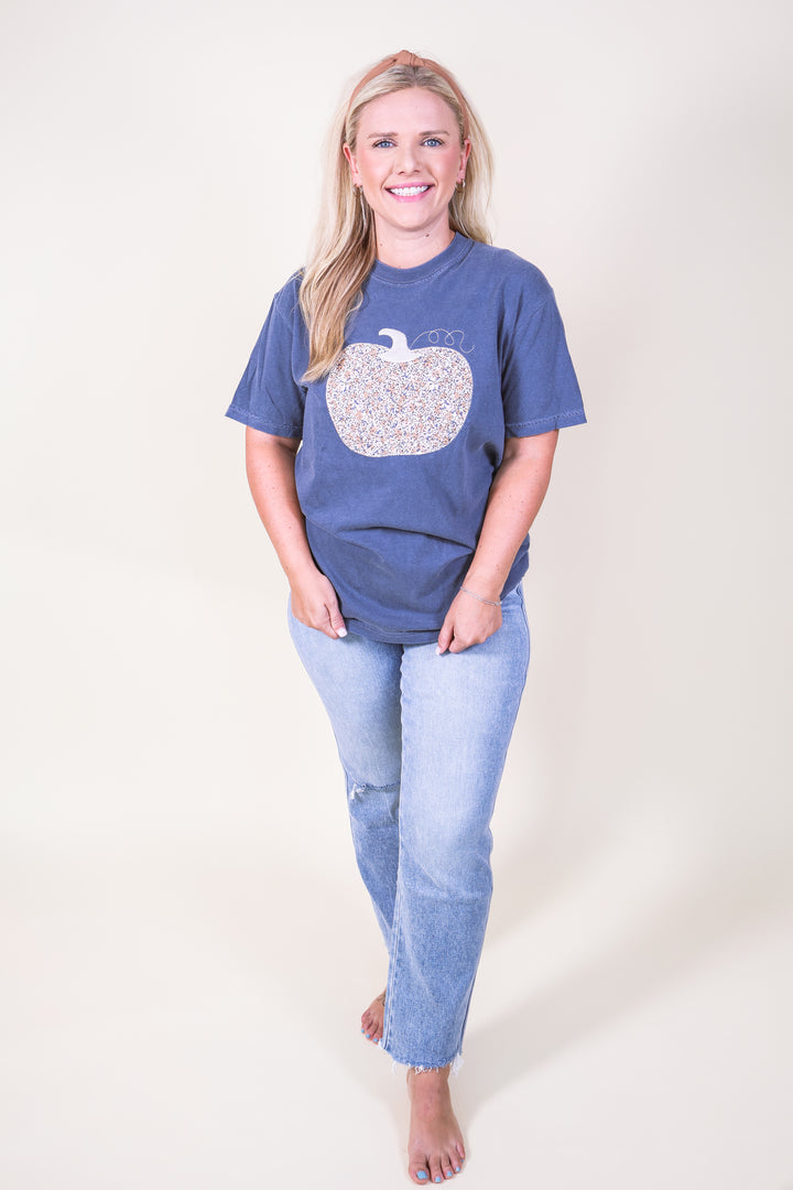 Fall Floral Pumpkin Short Sleeve - Denim Navy