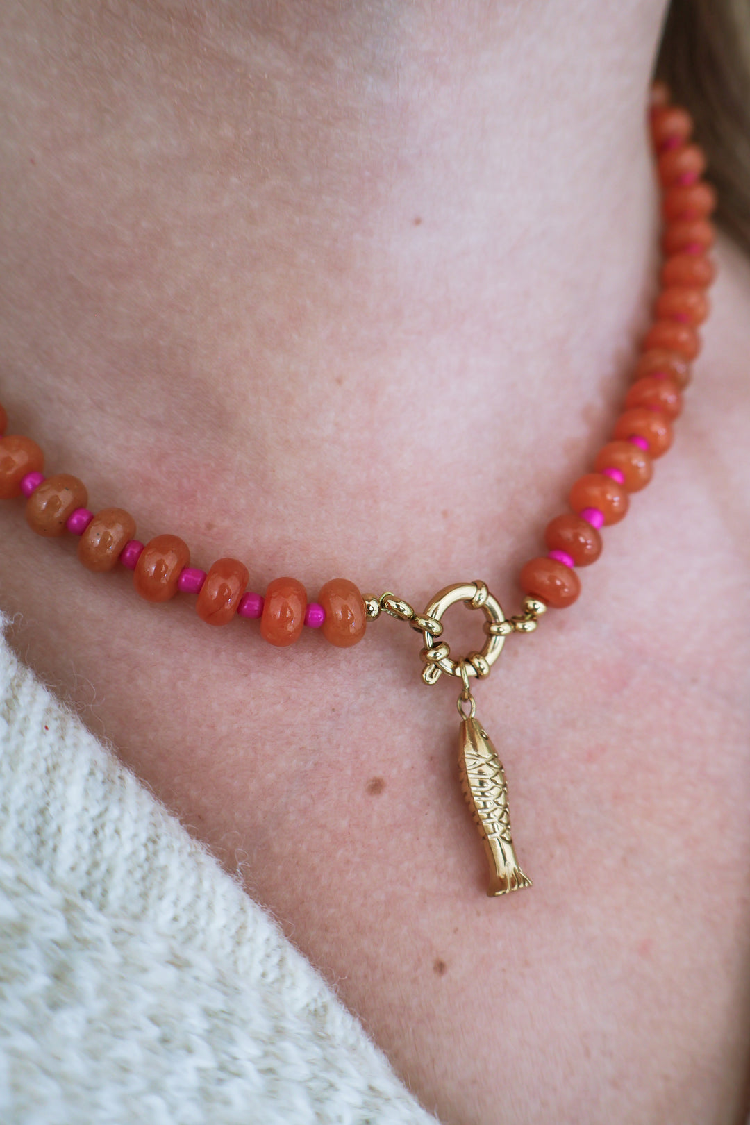 Gemstone Beaded Fish Charm Necklace - Orange