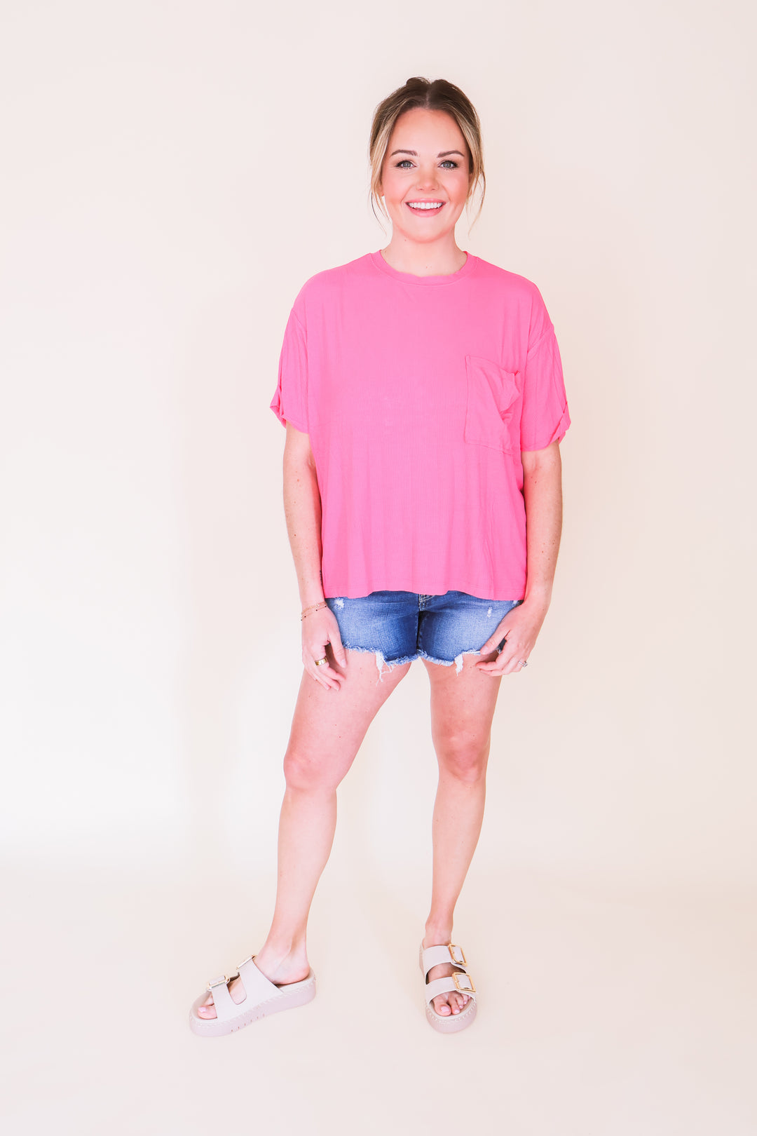 Oversized Ribbed Round Neck Short Sleeve Tee - Fuchsia