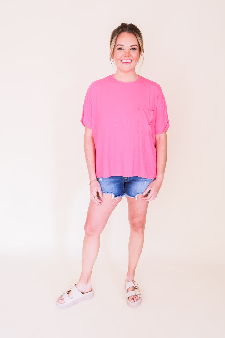 Oversized Ribbed Round Neck Short Sleeve Tee - Fuchsia