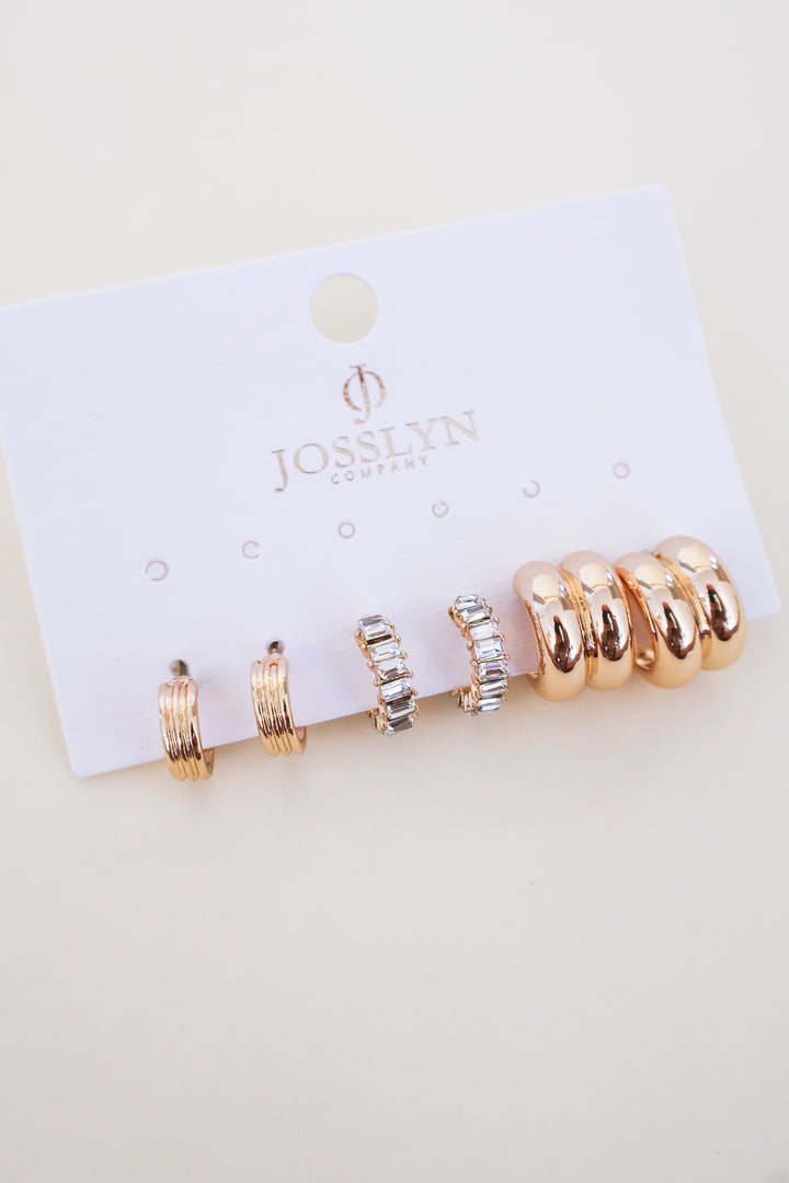 Baguette Stone Double Hoop Huggie Trio Earrings - Gold