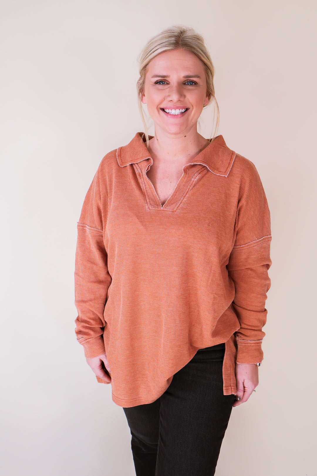 The Everyday Waffle Collared Top - Burnt Amber