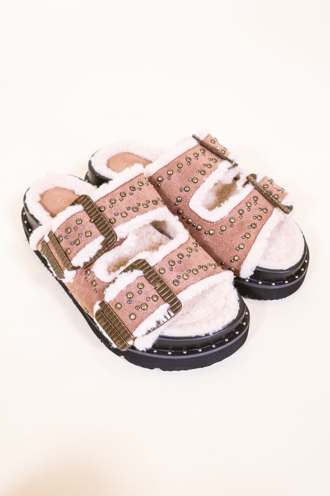 The Gaylen Latte Studded Buckle Slide