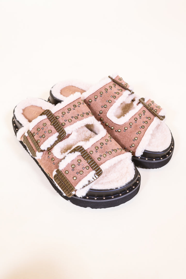 The Gaylen Latte Studded Buckle Slide