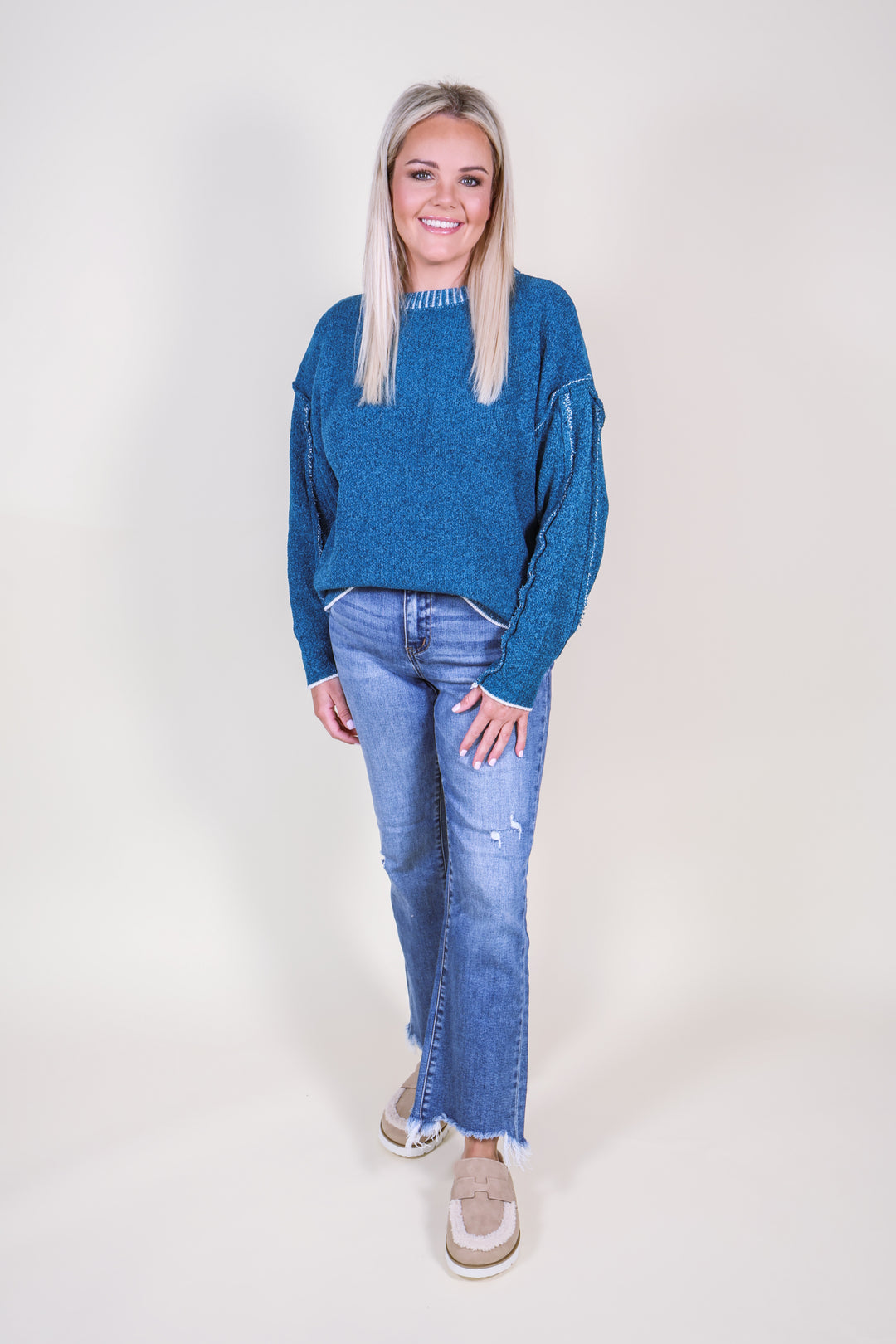 Exposed Seam Round Neck Sweater - Ocean Teal