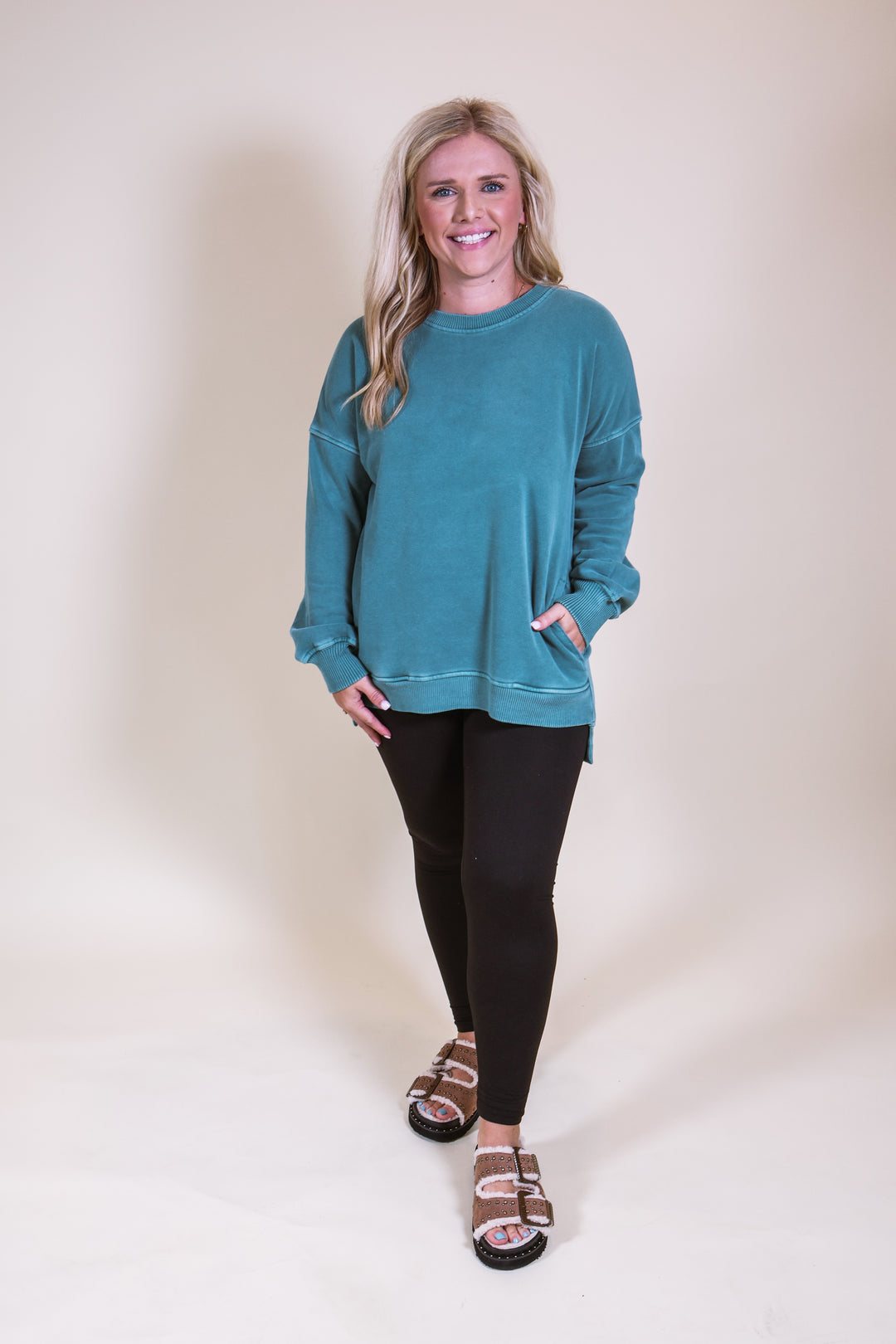 Pigment Dye Fleece Hi-Low Hem Pullover - Teal