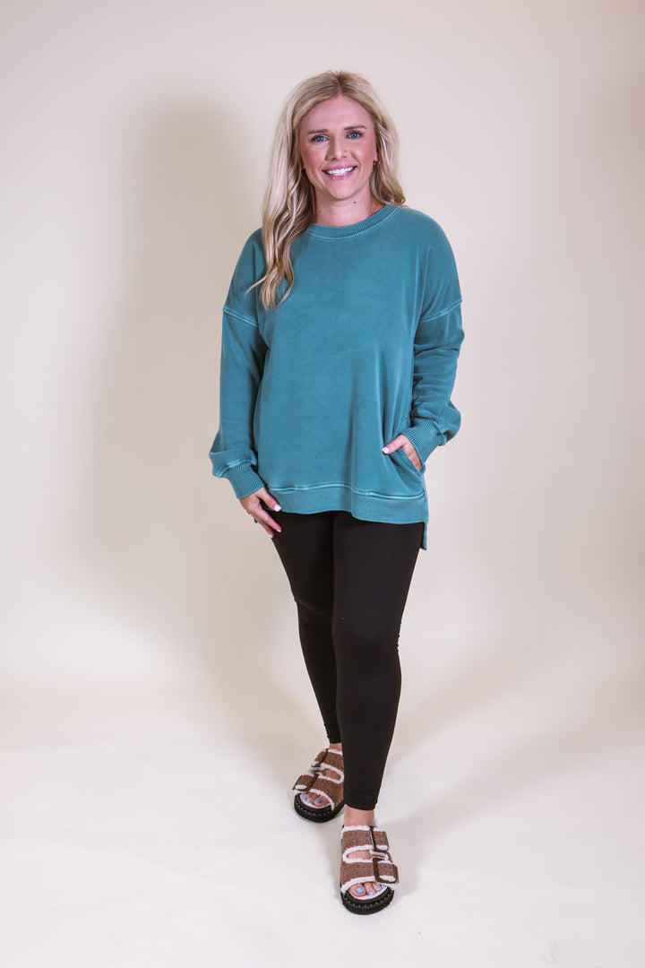 Pigment Dye Fleece Hi-Low Hem Pullover - Teal