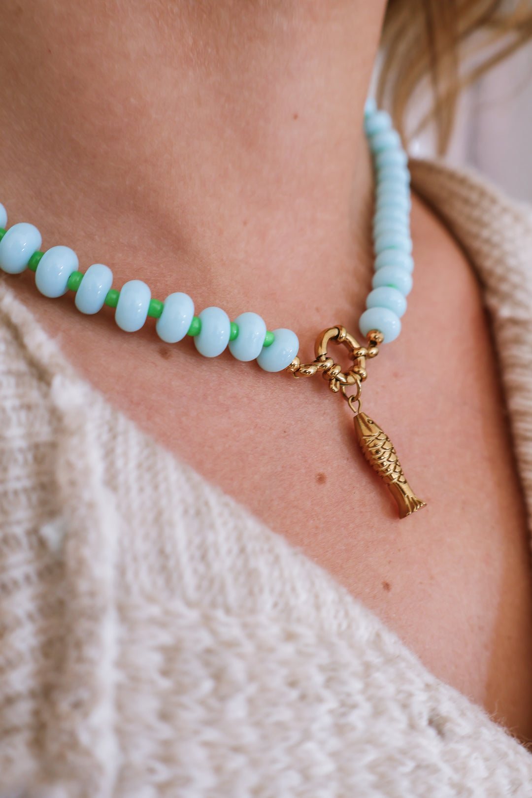 Gemstone Beaded Fish Charm Necklace - Mint