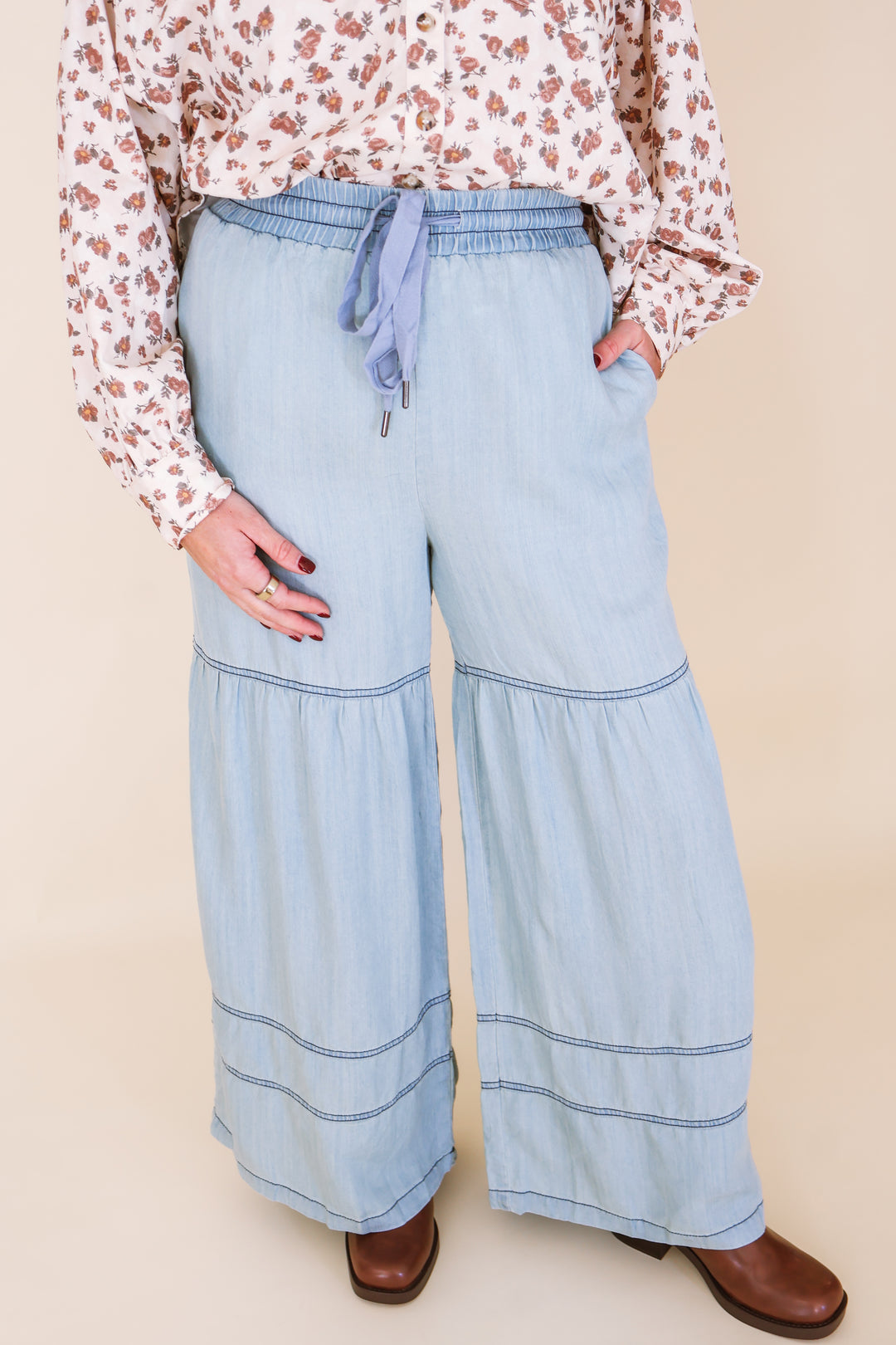 Washed Denim Tiered Wide Leg Pants