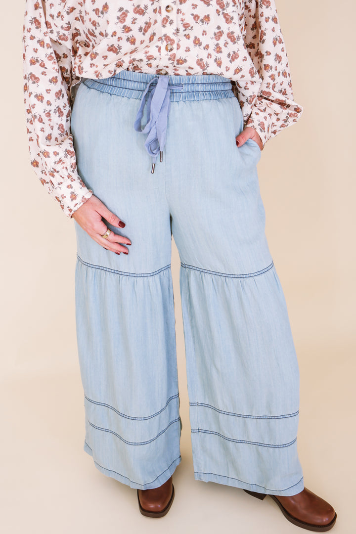 Washed Denim Tiered Wide Leg Pants