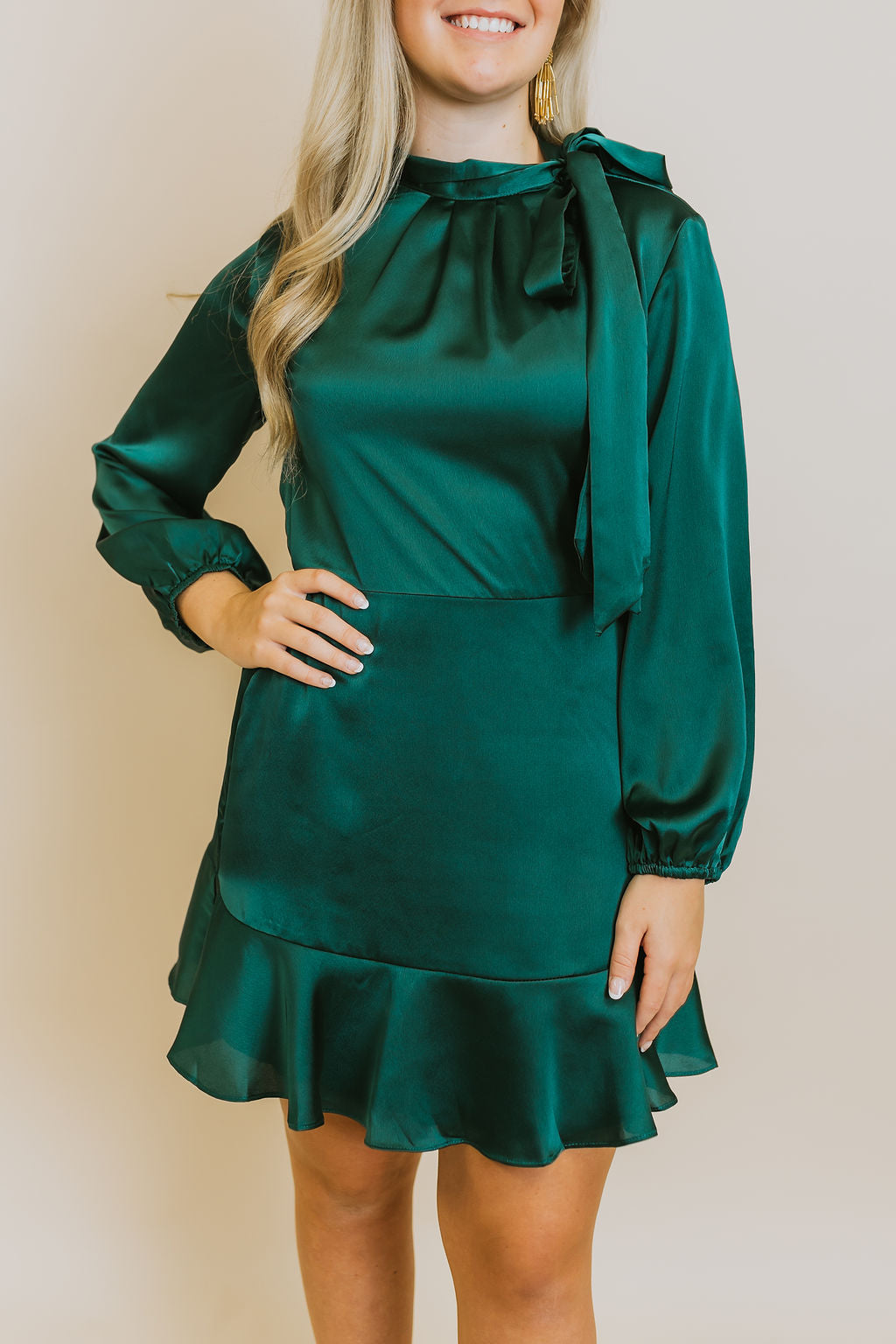 Desiree Satin Flouncy Dress - Emerald