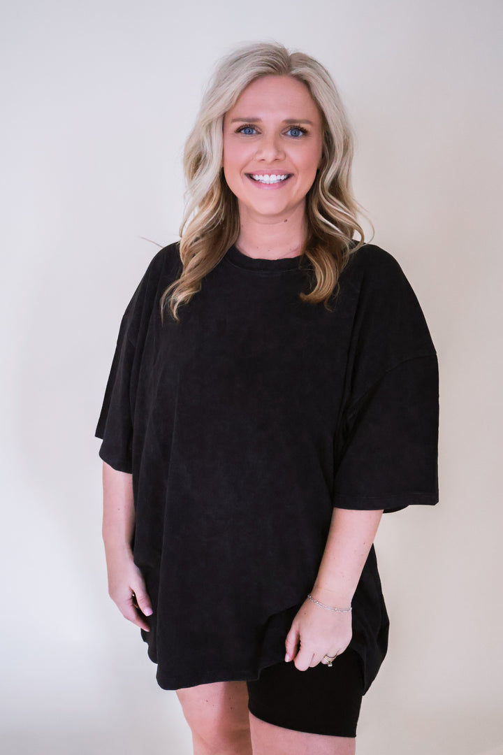 Acid Wash Oversized Boyfriend Tee - Black