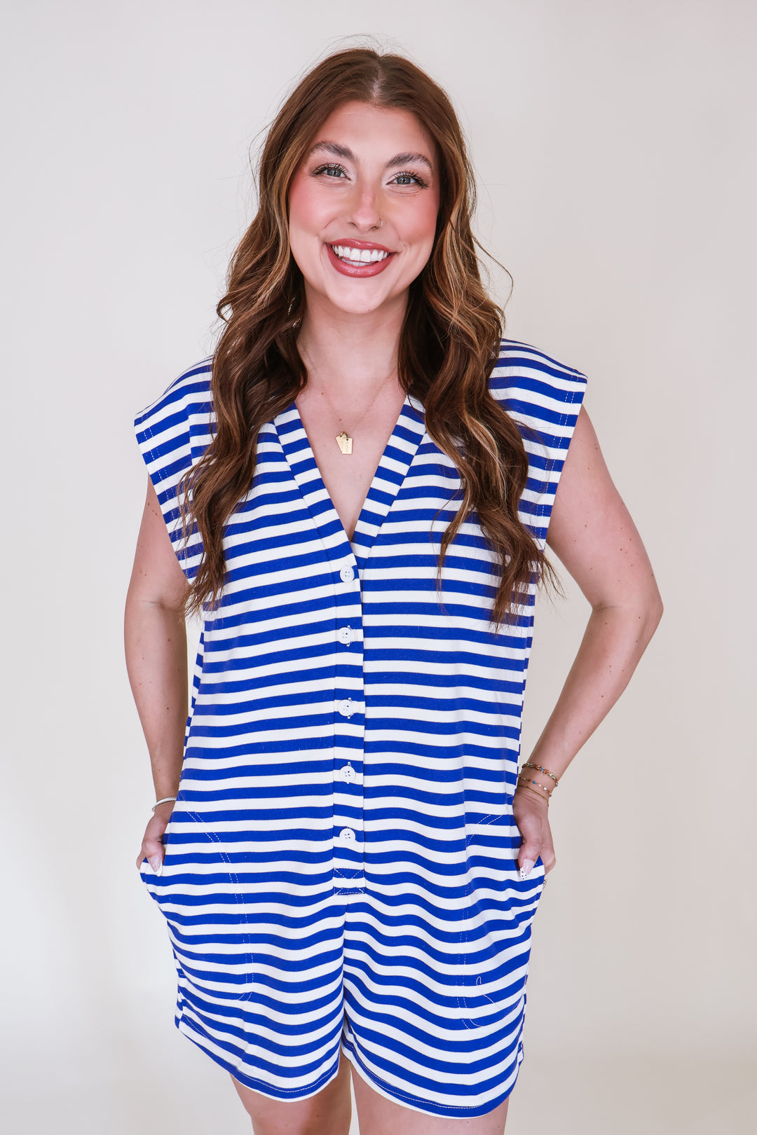 Striped Button Down Romper - Navy/White