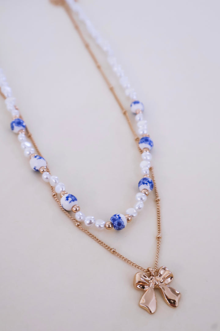 Ceramic Porcelain Pearl Bow Layer Necklace - Blue
