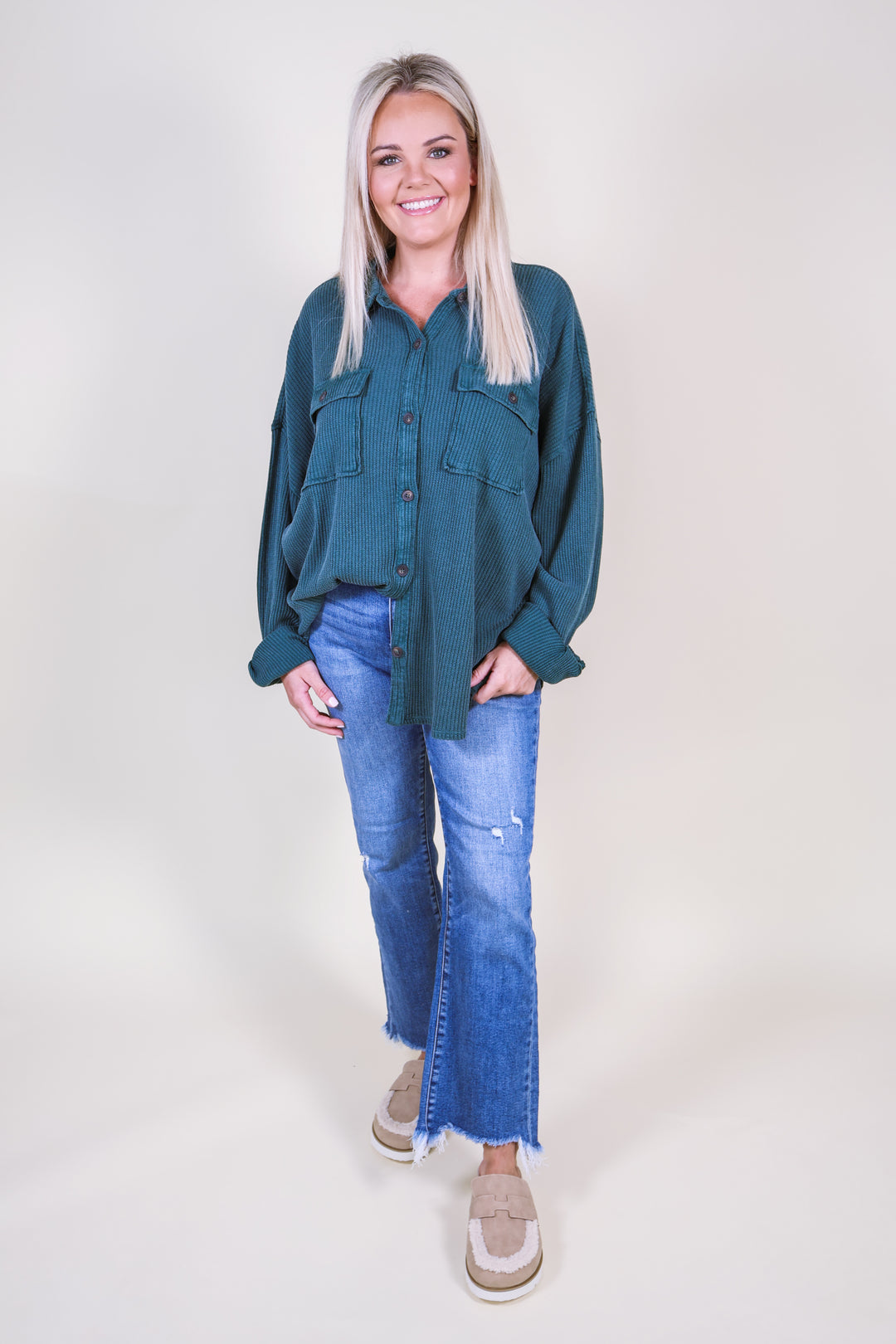 Mineral-Wash Oversized Waffle Knit Shacket - Deep Green