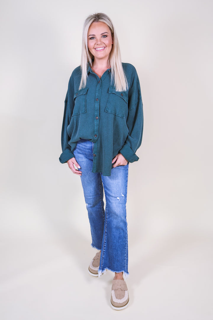 Mineral-Wash Oversized Waffle Knit Shacket - Deep Green