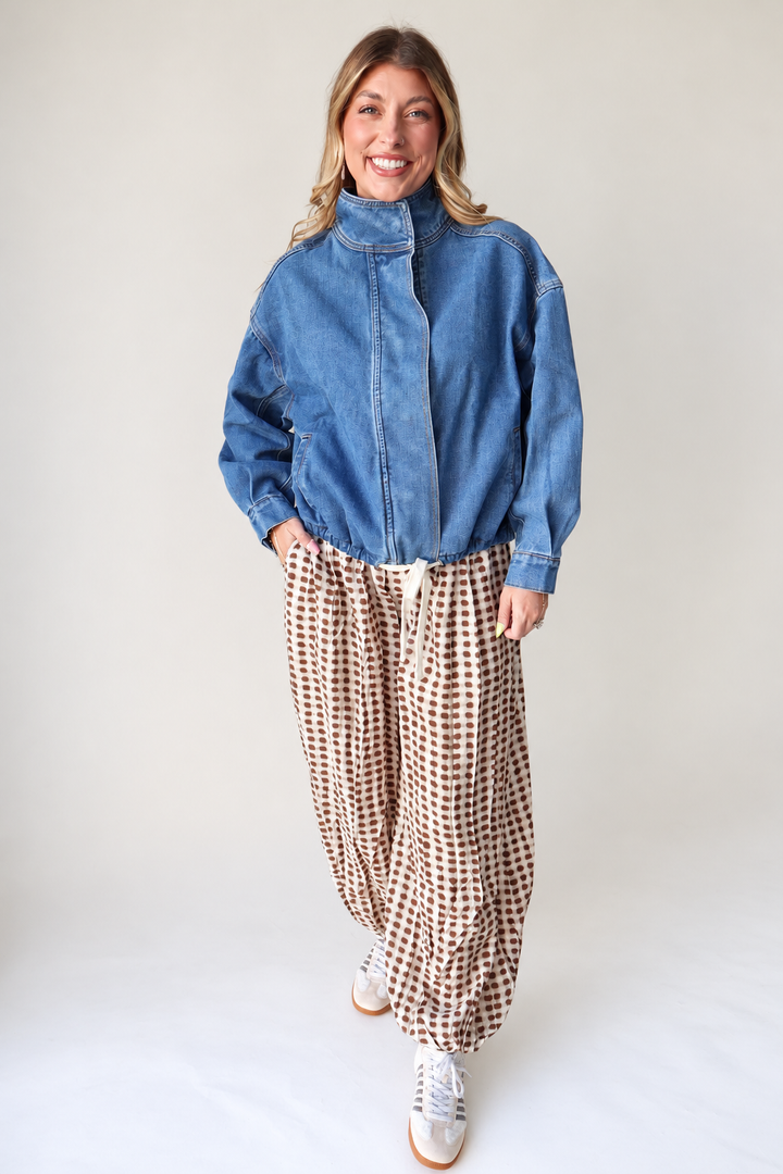 Boxy Oversized Funnel Neck Denim Jacket - Med Wash