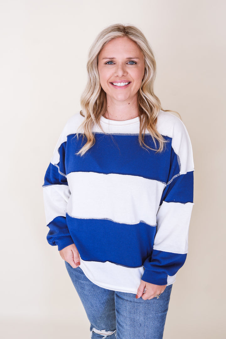 French Terry Color Block Exposed Seam Top - Lt Navy