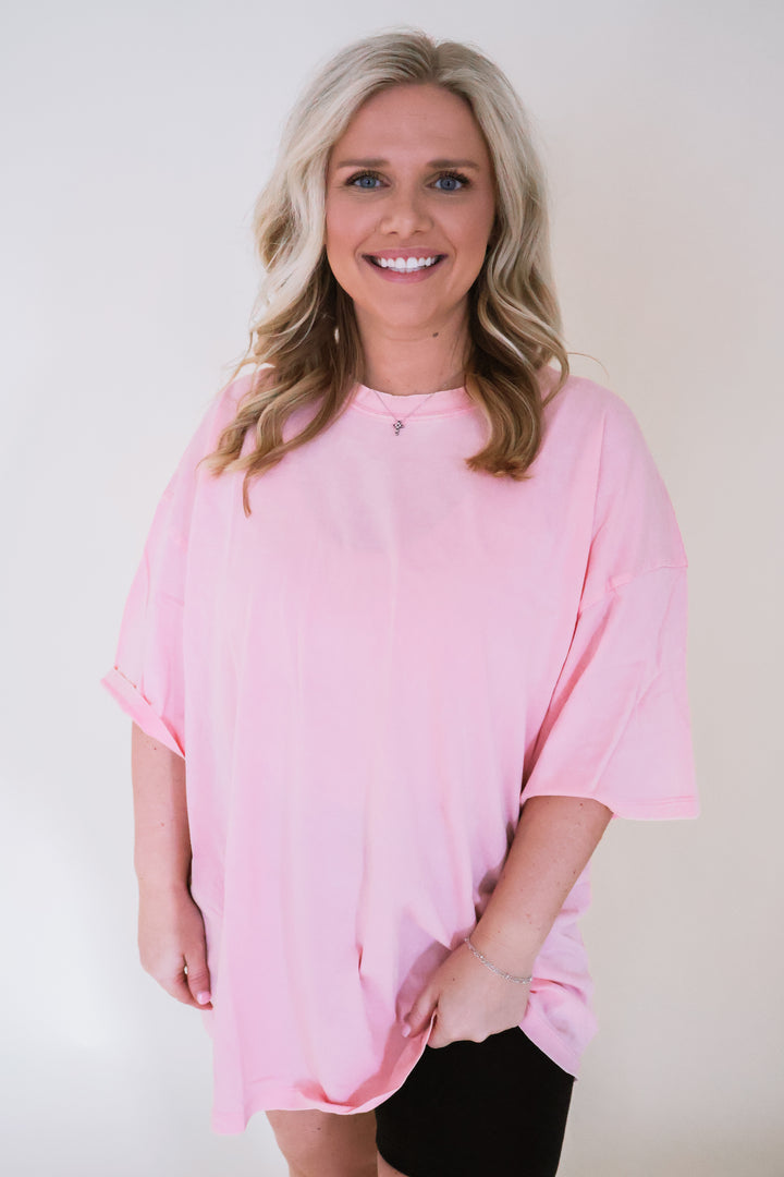 Acid Wash Oversized Boyfriend Tee - Pink