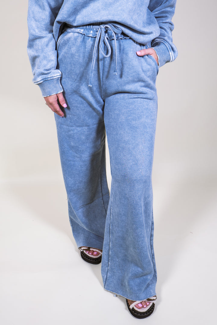 Acid Wash Fleece Palazzo Sweatpants - Blue Grey