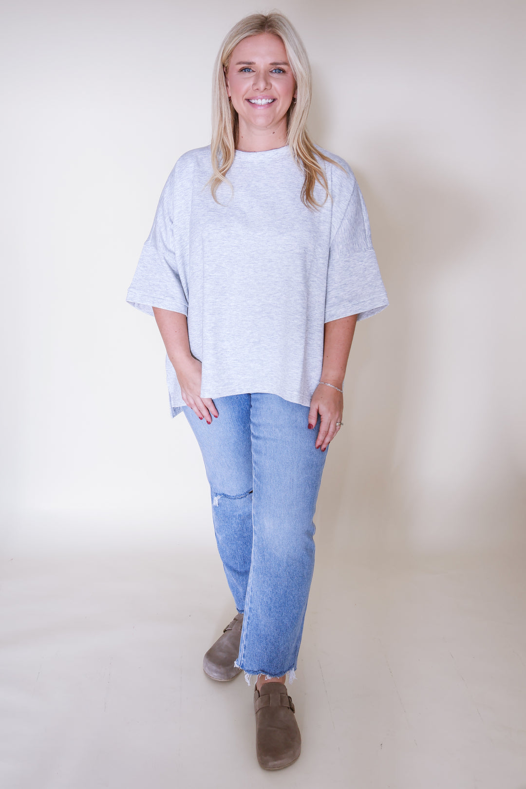 Scuba Round Neck Top with Side Slits - H Grey