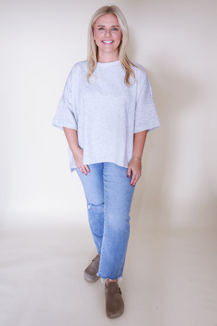 Scuba Round Neck Top with Side Slits - H Grey