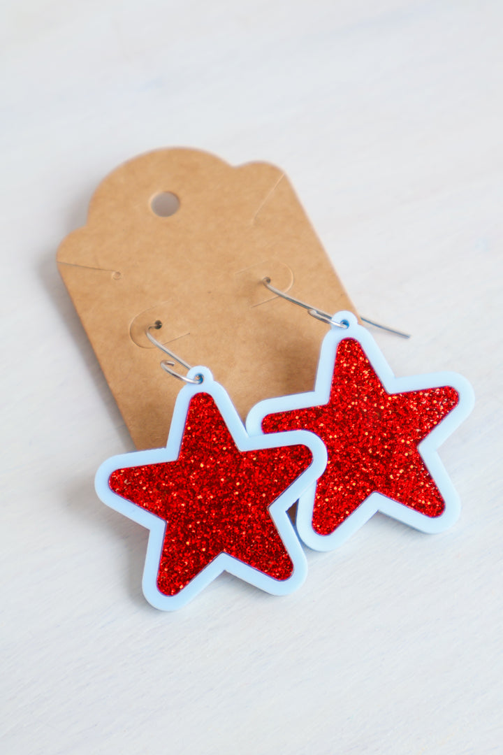 Glitter Star Earrings - Red