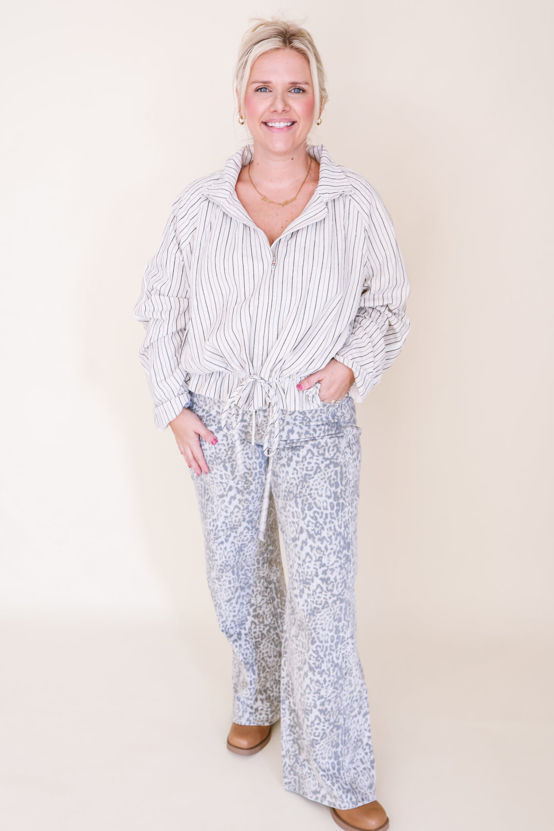 Linen Striped Printed Balloon Sleeve Jacket