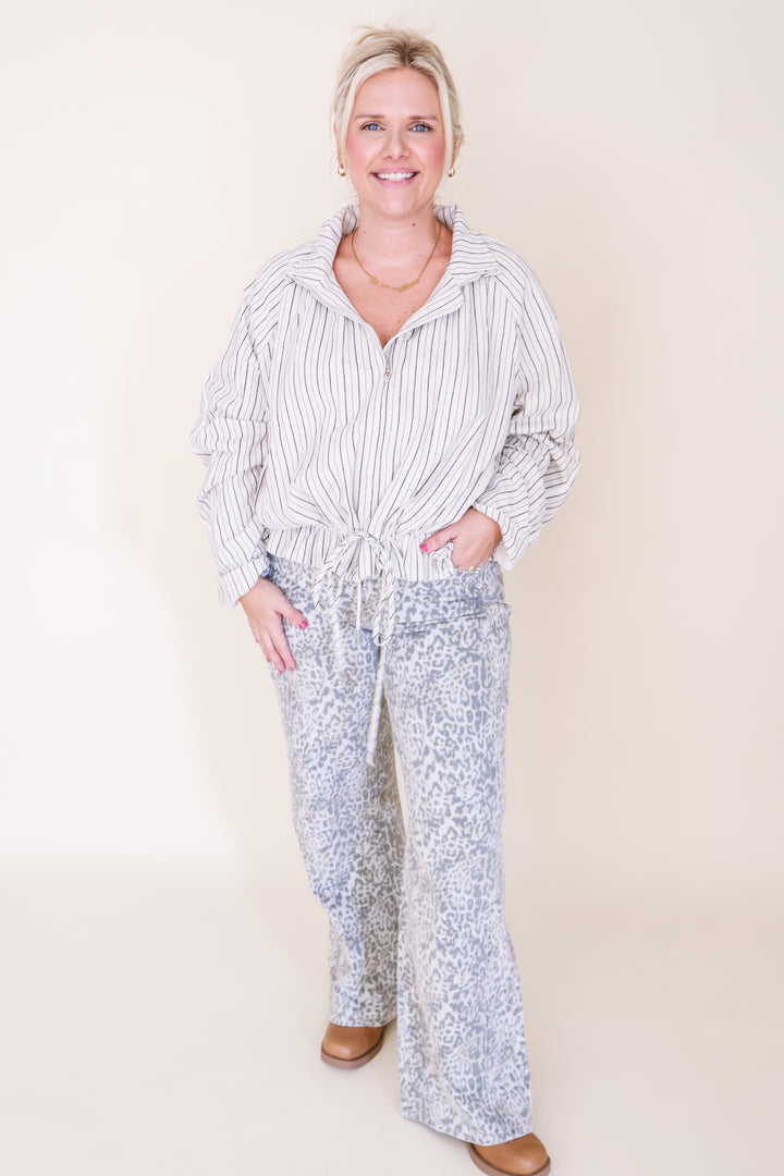 Linen Striped Printed Balloon Sleeve Jacket