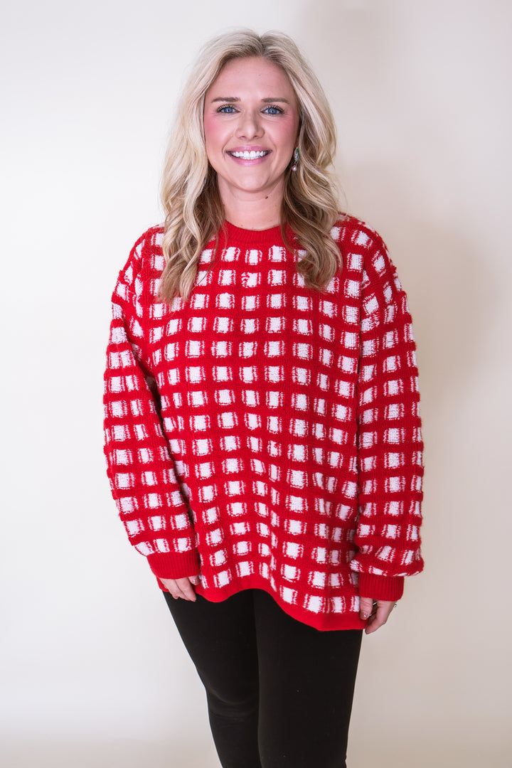 Checkered Oversized Sweater - Red/Ivory