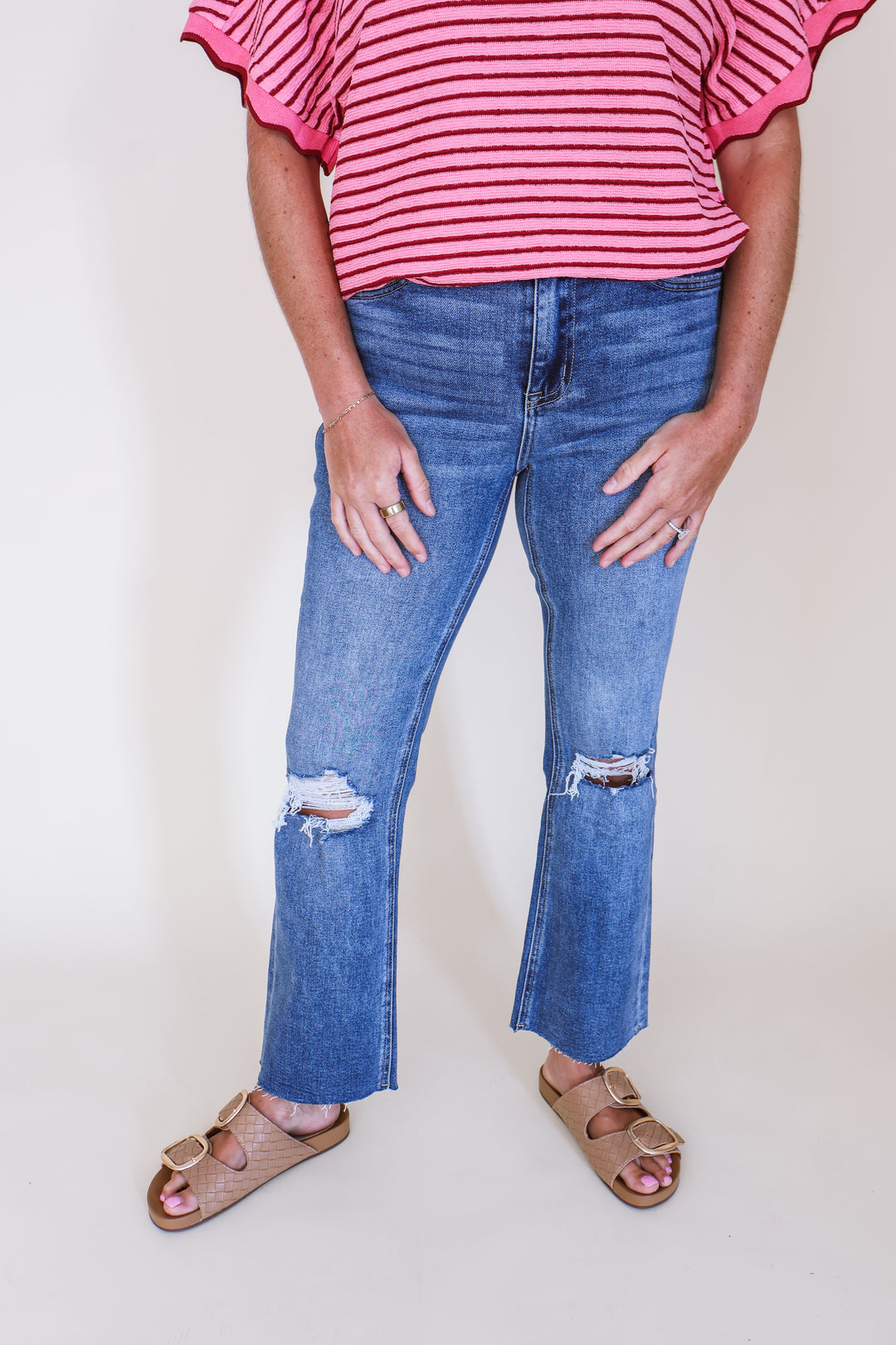 High Rise Clean Cut Raw Hem Crop Flare Jeans