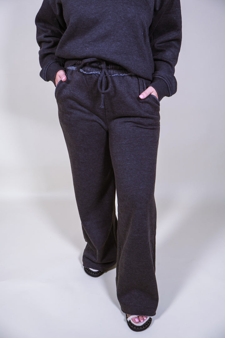 Acid Wash Fleece Palazzo Sweatpants - Black
