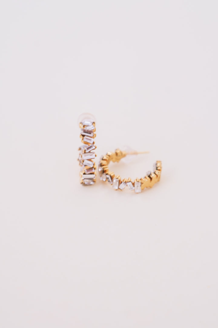 Baguette Rhinestone Hoop Earrings - Gold