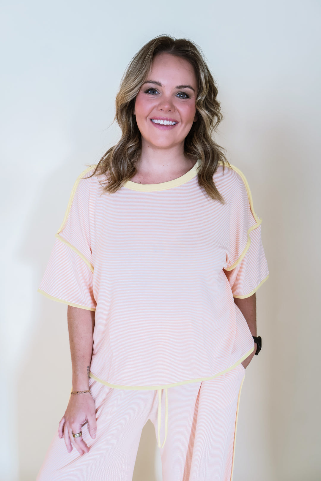 Contrast Binding Striped Short Sleeve Top - Orange