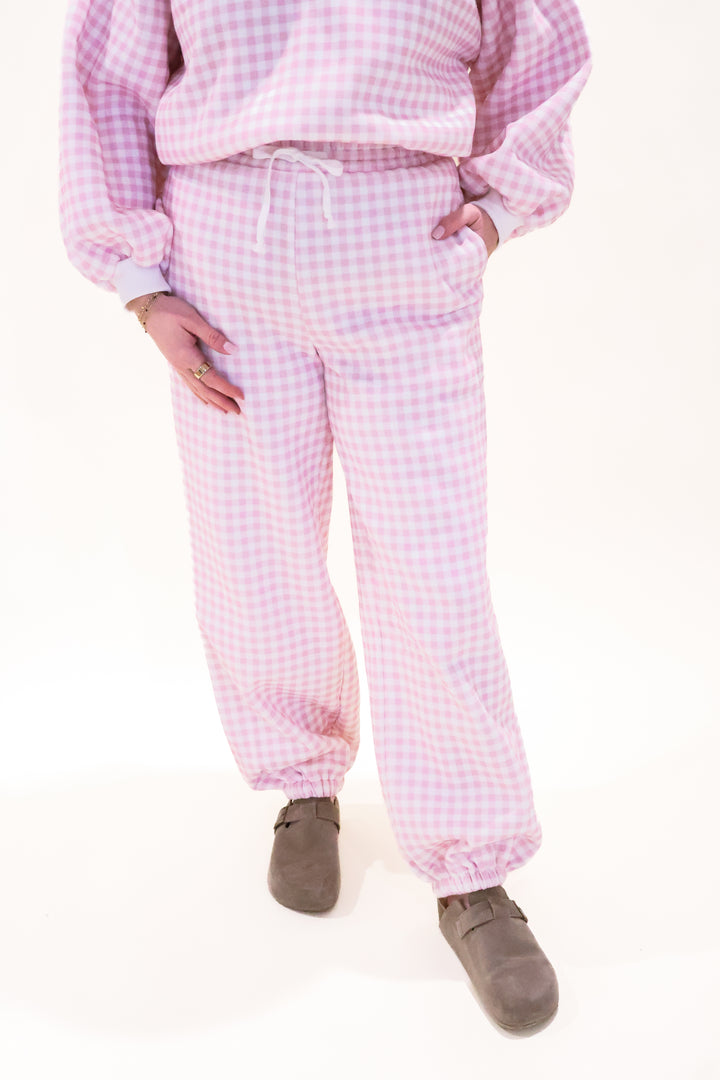 Gingham Drawstring Joggers - Pink