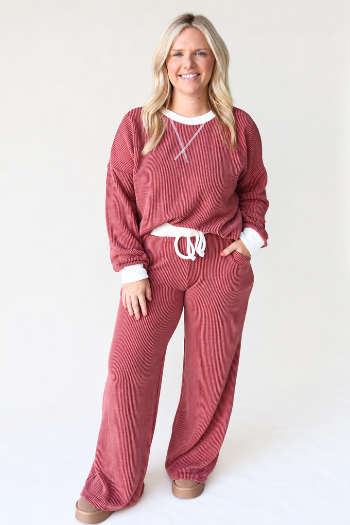 Raised Rib Round Neck Pullover & Pants Set - Rust