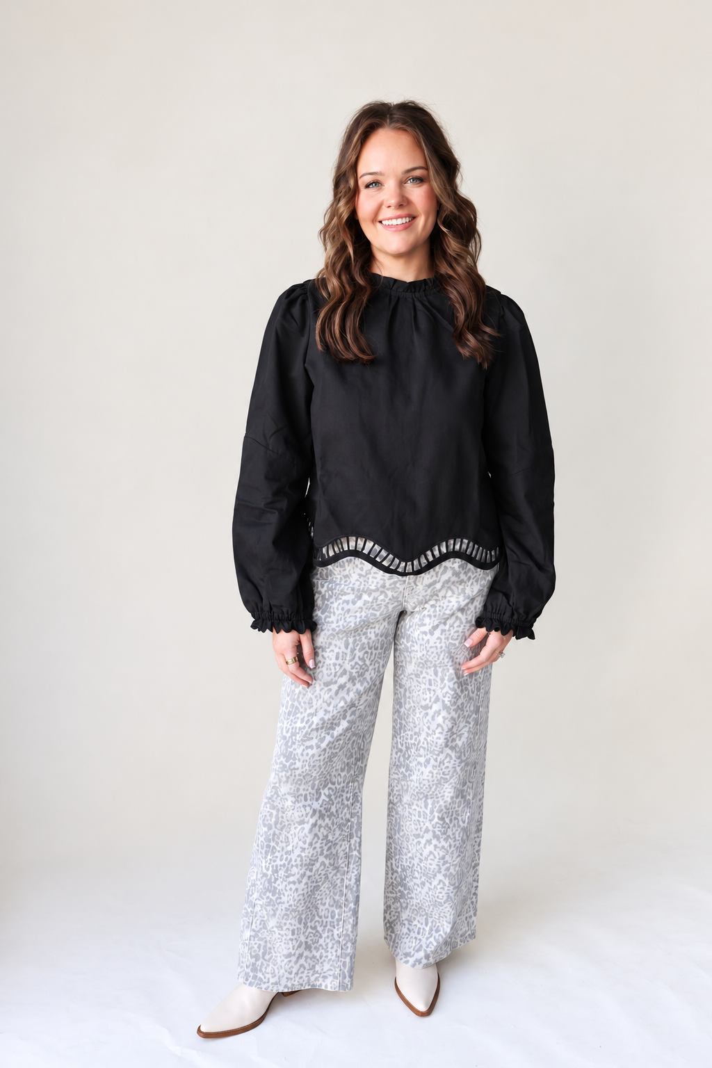 Embroidered Cut-Out Hem Long Sleeve Top - Black
