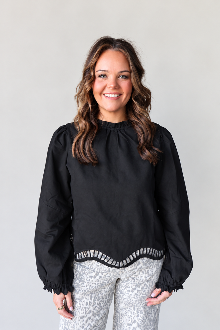 Embroidered Cut-Out Hem Long Sleeve Top - Black